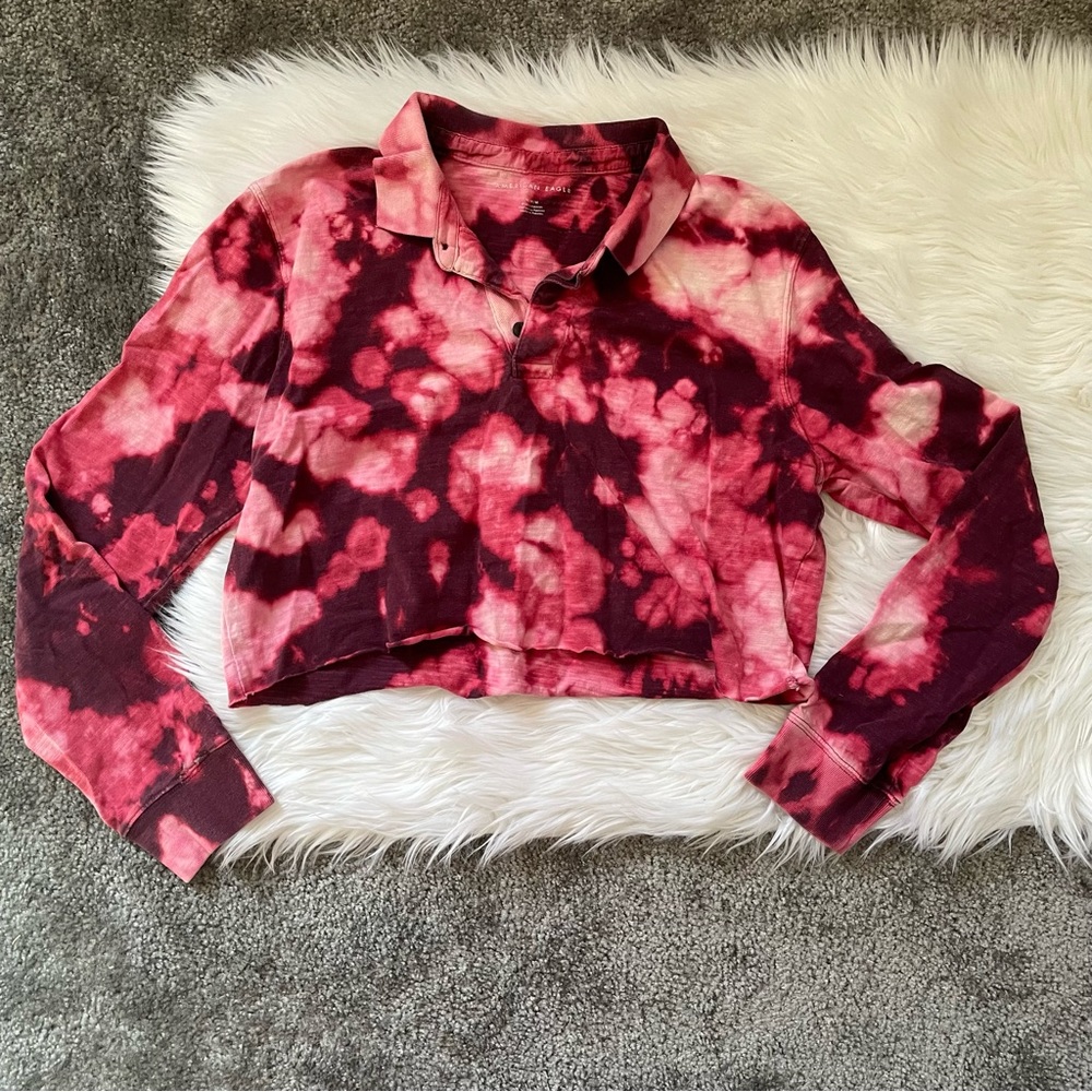 American Eagled Bleach Dyed Cropped Long-Sleeve Polo Shirt